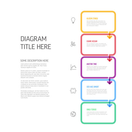 Vector process progress template diagram schema with five steps icons and descriptions. color thick line rectangles on light background with arrows in down directionのイラスト素材