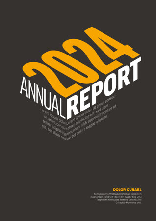 Vector abstract annual report cover template with sample text and abstract shape - simple minimalistic layout with yellow text on dark coverのイラスト素材