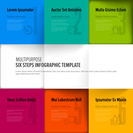 Multipurpose mosaic six steps infographic made from colorful content squares with icons numbers and texts. Six square content blocks template.のイラスト素材