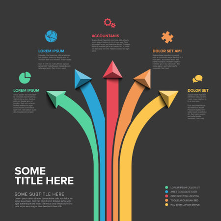 A professionally designed infographic featuring colorful arrows and associated text boxes. Each arrow is paired with different text areas. Multipurpose infographic templateのイラスト素材