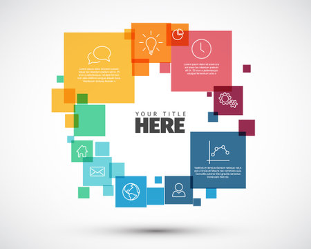 Vector circle cycle diagram infographic template made of various descriptive rainbow color square blocks with icons and description. Multipurpose infographic templateのイラスト素材