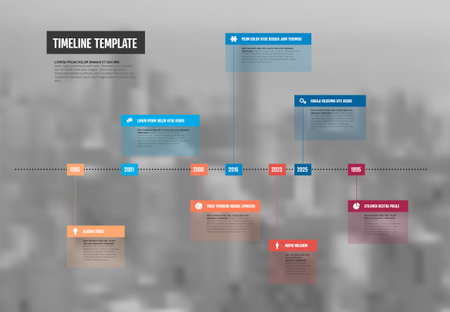 Simple light horizontal timeline template with red and blue year blocks big titles icons short description and photo in the background. Multipurpose infochart timeline templateのイラスト素材