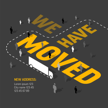 We are moving minimalistic dark and yellow flyer template with place for new company office shop location address. We are moved infographic with car. Template for poster flyer with new address after relocation.のイラスト素材