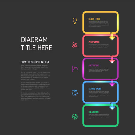 Vector process progress template diagram schema with five steps icons and descriptions. color thick line rectangles on dark background with arrows in down directionのイラスト素材