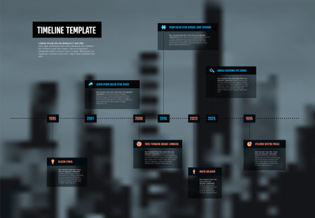 Simple dark horizontal timeline template with red and blue year blocks big titles icons short description and photo in the background. Multipurpose infochart timeline templateのイラスト素材