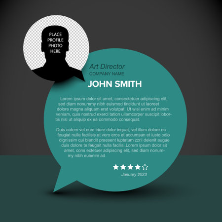 Simple dark and teal minimalistic client user customer testimonial review card layout template with photo placeholder and sample, message in teal circle speech bubbleのイラスト素材