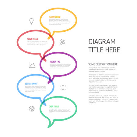 Vector process progress template diagram schema with five steps icons and descriptions. color thick line speech bubbles on light background in downward directionのイラスト素材