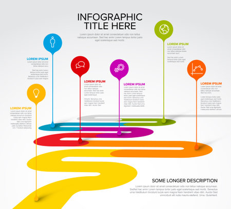 Colorful vector infographic timeline report template with six circle droplet bubbles pins on simple curved road timeline - light version with six pins title and infographic descriptionのイラスト素材