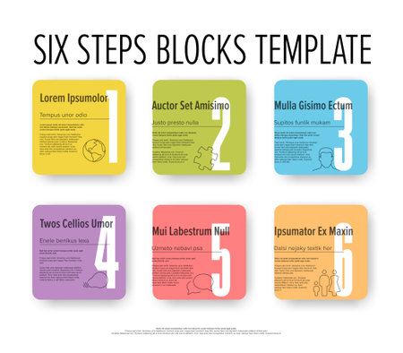 Light progress steps template with descriptions icons and big numbers on rainbow pastel color squares rounded buttons on white background. Multipurpose progress infochart templateのイラスト素材