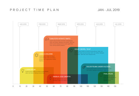 Vector project timeline graph - gantt progress chart with highlighet project tasks with icons in time color transparent block intervals descriptions and titlesのイラスト素材