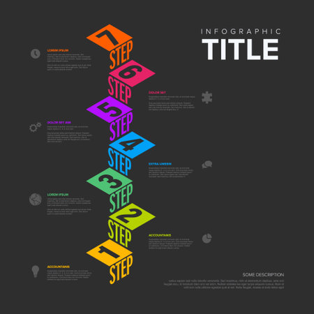 Vector dark Infographic steps diagram template for workflow, business schema or procedure diagram - dark version with icons and isometry texts. Progress steps with titles descriptions and iconsのイラスト素材