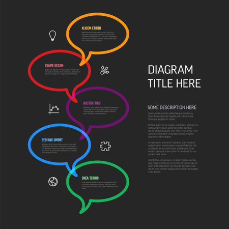 Vector process progress template diagram schema with five steps icons and descriptions. color thick line speech bubbles on dark background in downward directionのイラスト素材