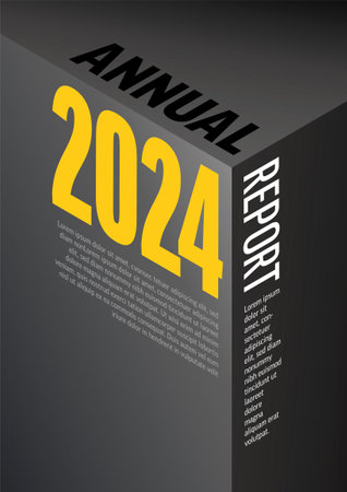 Vector abstract annual report cover template with sample text on isometry prism shape - simple dark minimalistic layout with yellow text on dark gray coverのイラスト素材