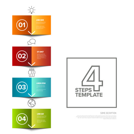 Vector four simple colorful folded paper steps progress template with descriptions and icons. Vertical set from folded papers as four steps of procedureのイラスト素材
