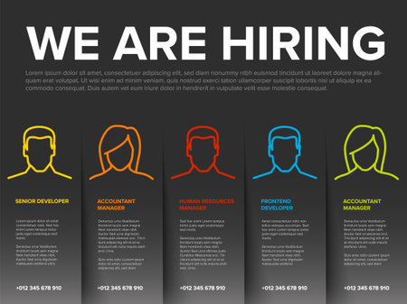 We are hiring minimalistic dark flyer template with paper stripes with position names - looking for new members of our team hiring a new member colleagues to our company organization teamのイラスト素材