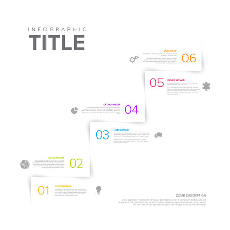 White simple infographic template with steps made of light shadow on white background. Process progress infochart template with color titles and icons.のイラスト素材