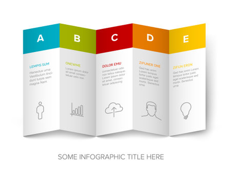 Five vector block steps options items template with descriptions, big letters on white folded paper. Five fresh color horizontal folded paper stripe steps in sequence with task descriptions, icons and shadowsのイラスト素材
