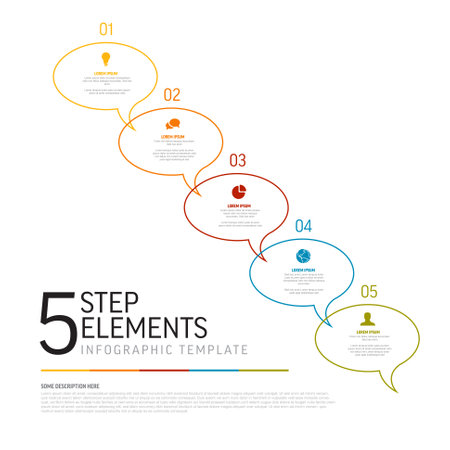 Progress process diagonal schema diagram infographic template made of five round thin line speech bubbles with short title description and icon.のイラスト素材