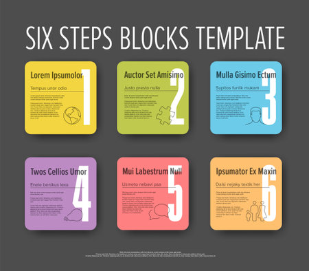 Progress steps template with descriptions icons and big numbers on rainbow pastel color squares rounded buttons on dark background. Multipurpose progress infochart templateのイラスト素材