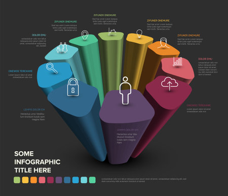 Rainbow abstract shape infographic made of ten simple elements with icons and description. Multipurpose infochart schema diagram template on a dark backgroundのイラスト素材
