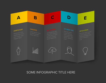 Five vector block steps options items template with descriptions, big letters on dark gray folded paper. Five fresh color horizontal folded paper stripe steps in sequence with task descriptions, icons and shadowsのイラスト素材