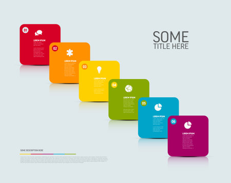 Vector Infographic template with fresh color rounded square diagonal cards and icons and descriptions. Simple minimalistic multipurpose infographic template with six itemsのイラスト素材