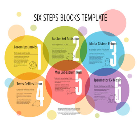 Light cycle progress steps template with description icons and big color numbers on circles. Multipurpose progress infochart template with pastel color circles.のイラスト素材