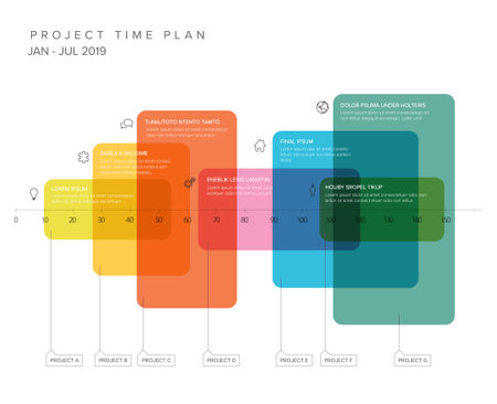 Vector project timeline graph - gantt progress chart with highlighet project tasks with icons in time color transparent block intervals descriptions and titlesのイラスト素材