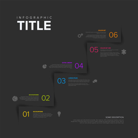 Dark simple infographic template with steps made of light shadow on dark gray background. Process progress infochart template with color titles and icons.のイラスト素材