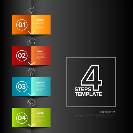 Vector four simple colorful folded paper steps progress template with descriptions and icons. Vertical set from folded papers as four steps of procedure on dark folded paperのイラスト素材