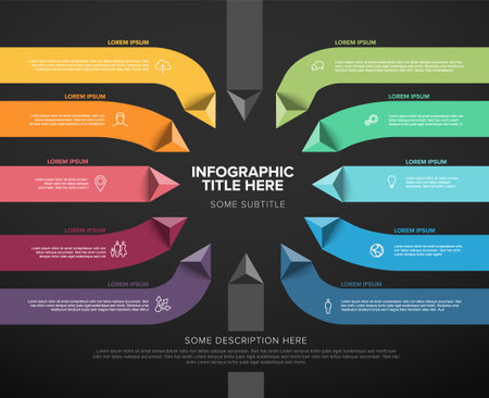 Dark multipurpose Infographic template made from title in big circle and ten color pyramid arrow items in long stripes with icons titles and descriptions. Multipurpose infochart templateのイラスト素材