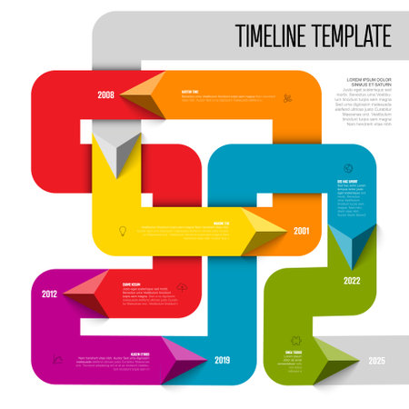 Colorful simple infochart tangle timeline template with triangle arrows on thick color lines, icons, short descriptions and year numbers. Infographic timelineのイラスト素材