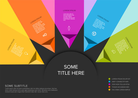 Vector multipurpose Infographic template made from title in big circle and five color pyramid arrow items with icons titles and descriptions. Multipurpose infochart template on dark backgroundのイラスト素材