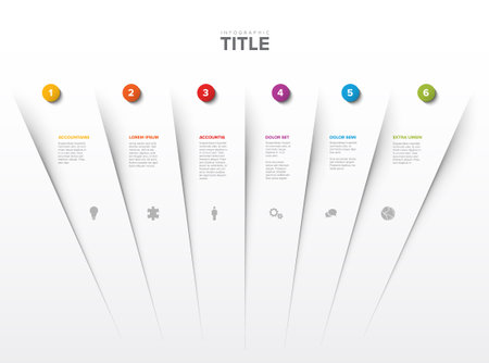 Abstract schema template with six step sections on white background divided by light shadow with numbers icons and some description. Multipurpose infographic templateのイラスト素材