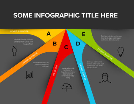 Vector multipurpose Infographic template with five elements, description, big letters and icons on fan dark papers with color center and footer. Simple dark infographic templateのイラスト素材