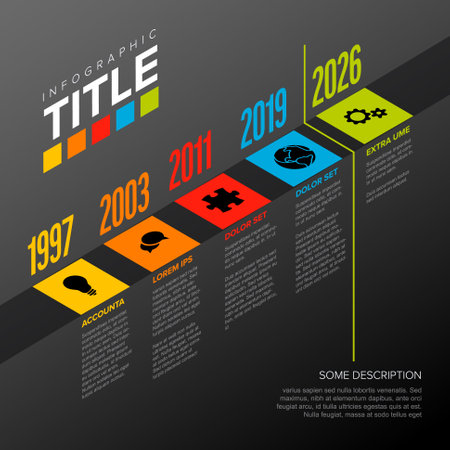 Vector Infographic time line template with icons and big years on the edge - dark version with icons and isometry texts. Milestones with titles descriptions and iconsのイラスト素材