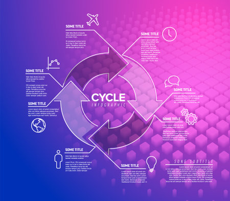 Vector Infographic blueprint report template made from lines and icons with big cycle icon on abstract purple background photo placeholderのイラスト素材