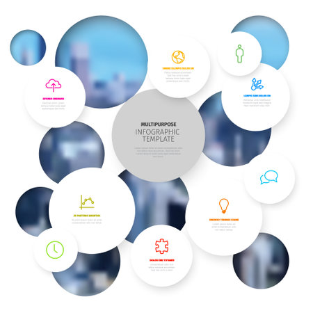 Vector Minimalist light infographic report template with circles mosaic filled with various information, icons and numbers. Simple 3d realistic circles mosaic pattern template with photoのイラスト素材