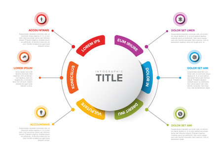 Simple Colorful Circular Infographic Design Template with six elements and big circle with title in the middle on the light background. Modern multipurpose infochart templateのイラスト素材