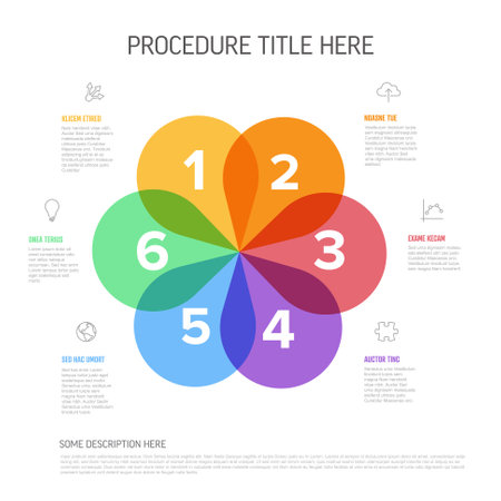 Fresh Colorful Infographic Template with Six Rainbow Petal Design items on white background with icons and descriptions. Multipurpose infochart templateのイラスト素材