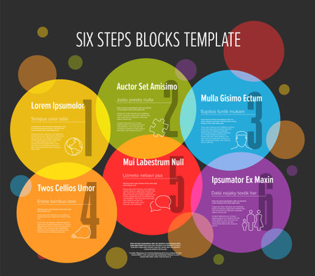 Dark cycle progress steps template with description icons and big color numbers on circles. Multipurpose progress infochart template with pastel color circles.のイラスト素材