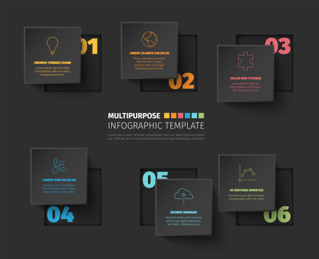 Vector squares progress steps template with descriptions and icons with color numbers in the dark gray background. Six buttons with holes.のイラスト素材