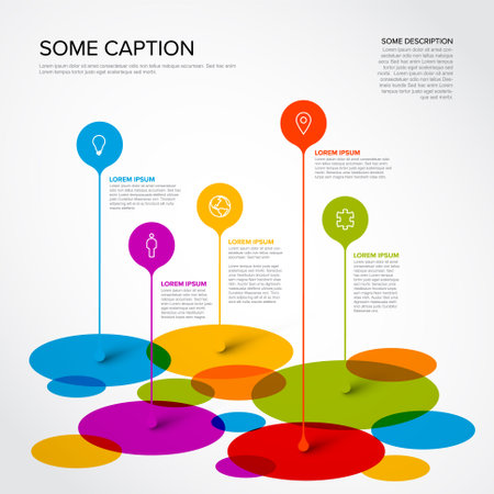 Vector multipurpose Infographic template made from droplet pointers on mosaic of circle items with icons, descriptions and legends. Multipurpose infochart infographicのイラスト素材