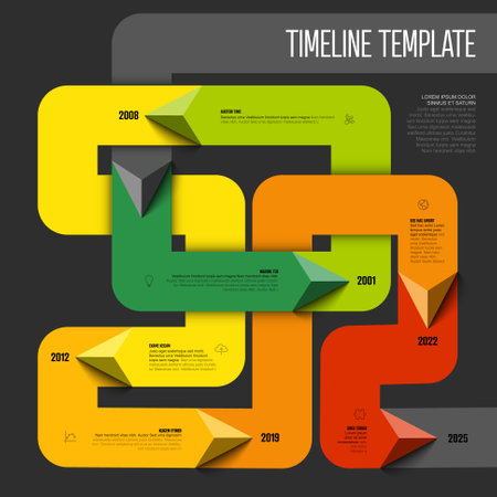 Colorful simple infochart tangle timeline template with triangle arrows on thick color lines, icons, short descriptions and year numbers. Infographic timeline on dark gray backgroundのイラスト素材