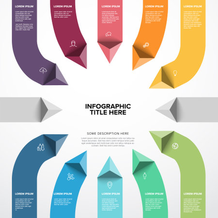 Vector multipurpose Infographic template made from title in big circle and ten color pyramid vertical arrow items in stripes with icons titles and descriptions. Multipurpose infochart templateのイラスト素材