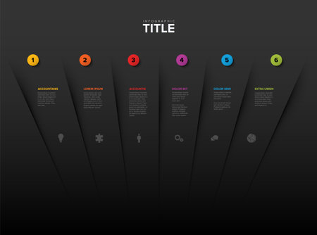 Abstract schema template with six step sections on white background divided by dark shadow with numbers icons and some description. Multipurpose infographic templateのイラスト素材
