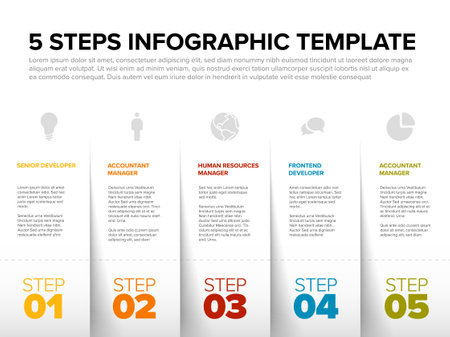 Vector Five simple slips of paper as steps progress template with descriptions and icons. Diagonal set from folded papers as four steps of procedureのイラスト素材