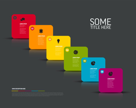 Vector Infographic template with fresh color rounded square diagonal cards and icons and descriptions. Simple minimalistic multipurpose infographic template with six items on dark backgroundのイラスト素材