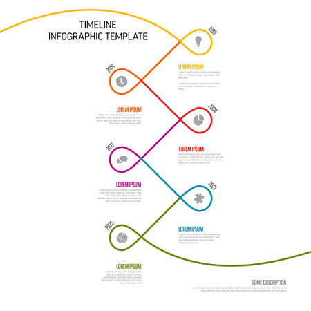 Vector Infographic Company Milestones curved Timeline with twirl Template. Light thin twist time line template version with icons. Thin Color kink Timeline with curves, icons and text contentのイラスト素材