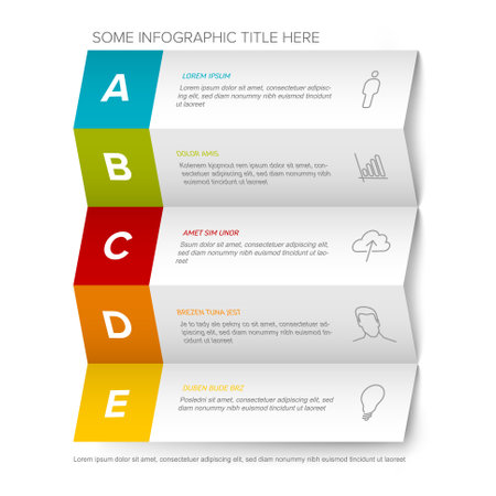 Five vector block steps options items template with descriptions, big letters on white horizontal folded paper. Five fresh color horizontal folded paper stripe steps in sequence with task descriptions, icons and shadowsのイラスト素材